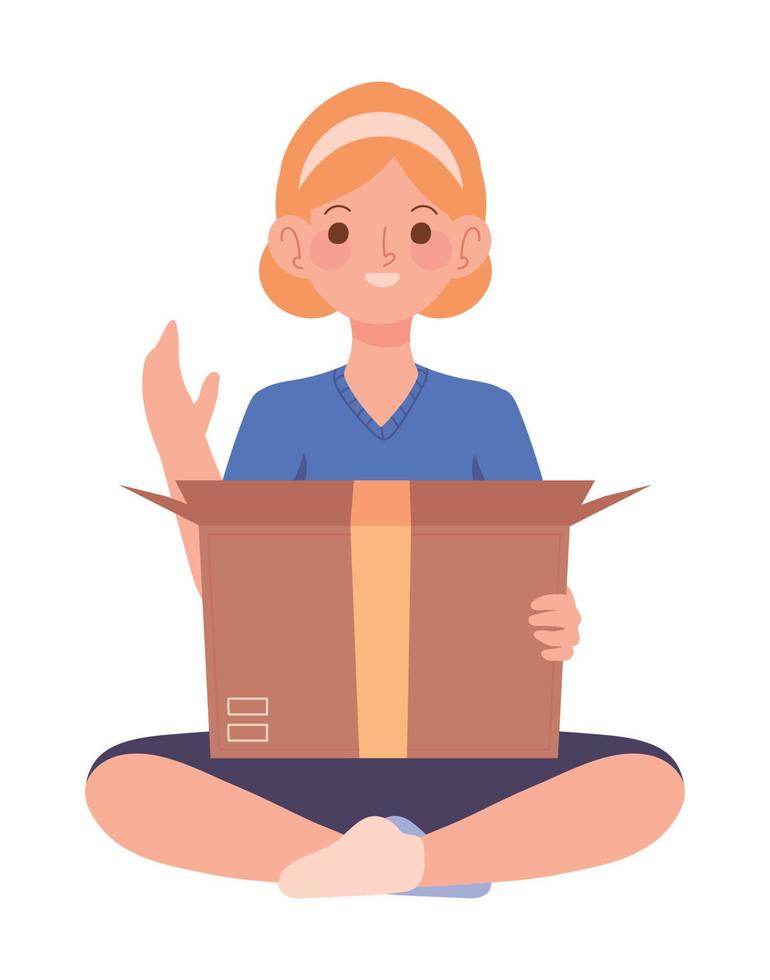 girl unboxing delivery package vector