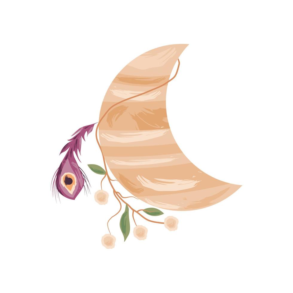 crescent moon with feather boho style vector
