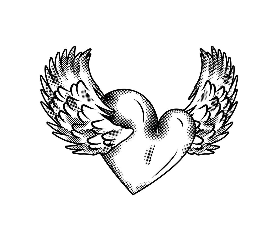 Heart with crown and wings tattoo in engraving Vector Image