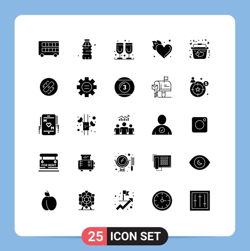Mobile Interface Solid Glyph Set of 25 Pictograms of basket hot water heart fire Editable Vector Design Elements
