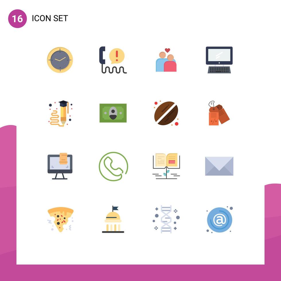 conjunto moderno de 16 pictogramas de colores planos del dispositivo de PC ayuda a monitorear el paquete editable del corazón de elementos creativos de diseño de vectores