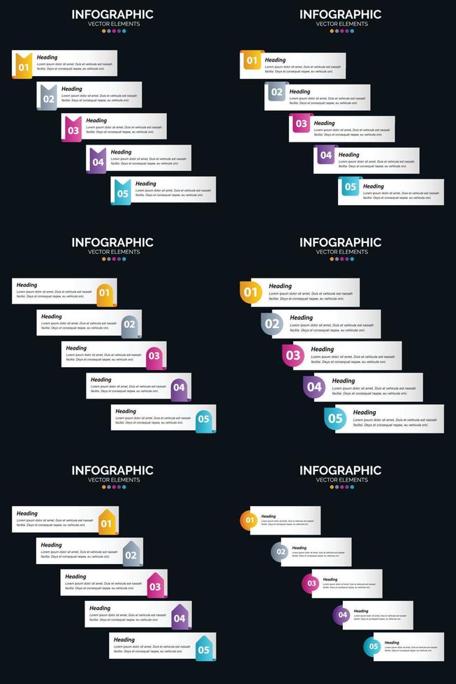 plantilla de diapositiva de presentación del paquete de infografías vectoriales 6 diagramas de ciclo de 5 pasos y líneas de tiempo vector