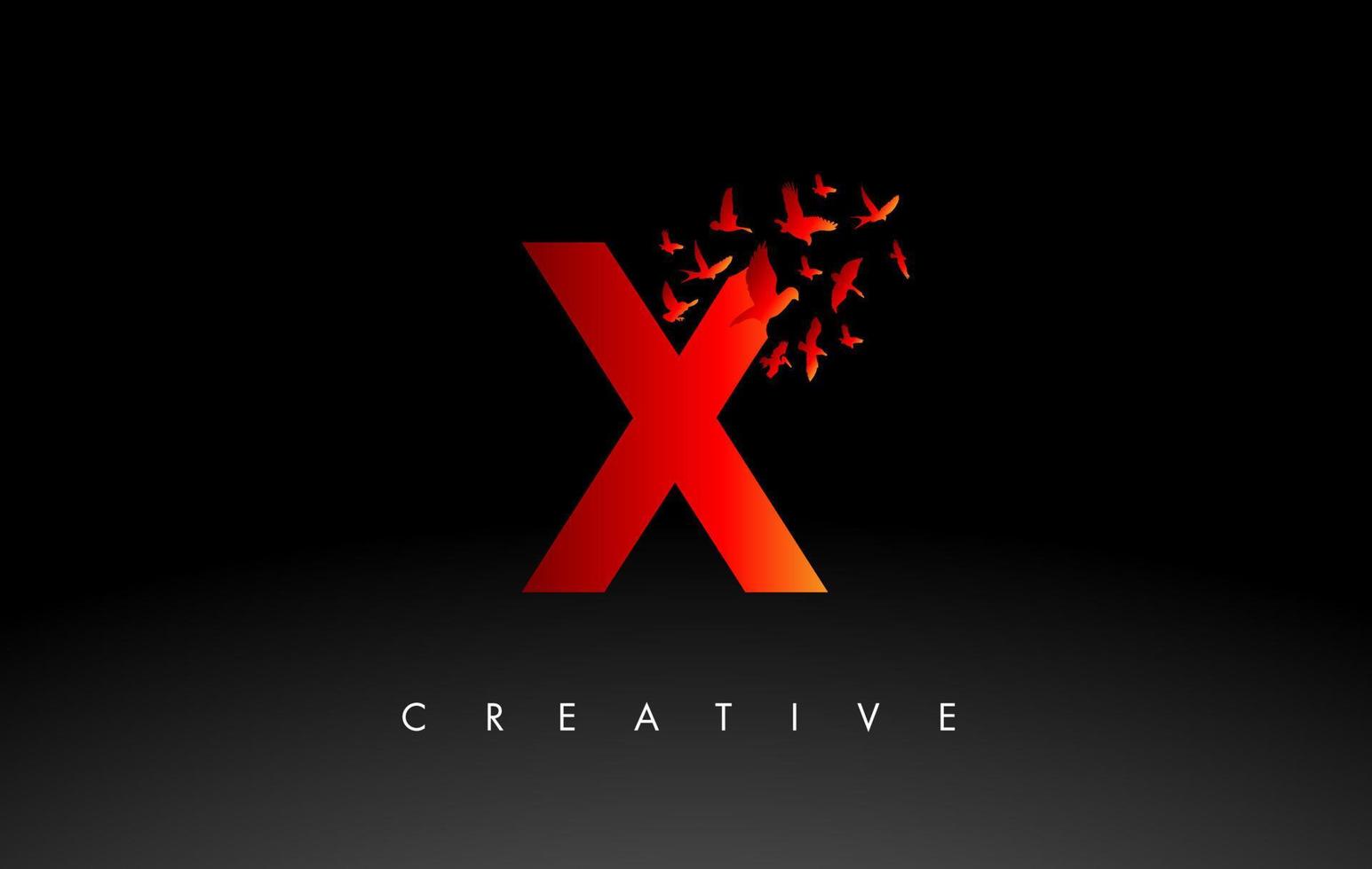 letra del logotipo x rojo con bandada de pájaros volando y desintegrándose de la letra. vector
