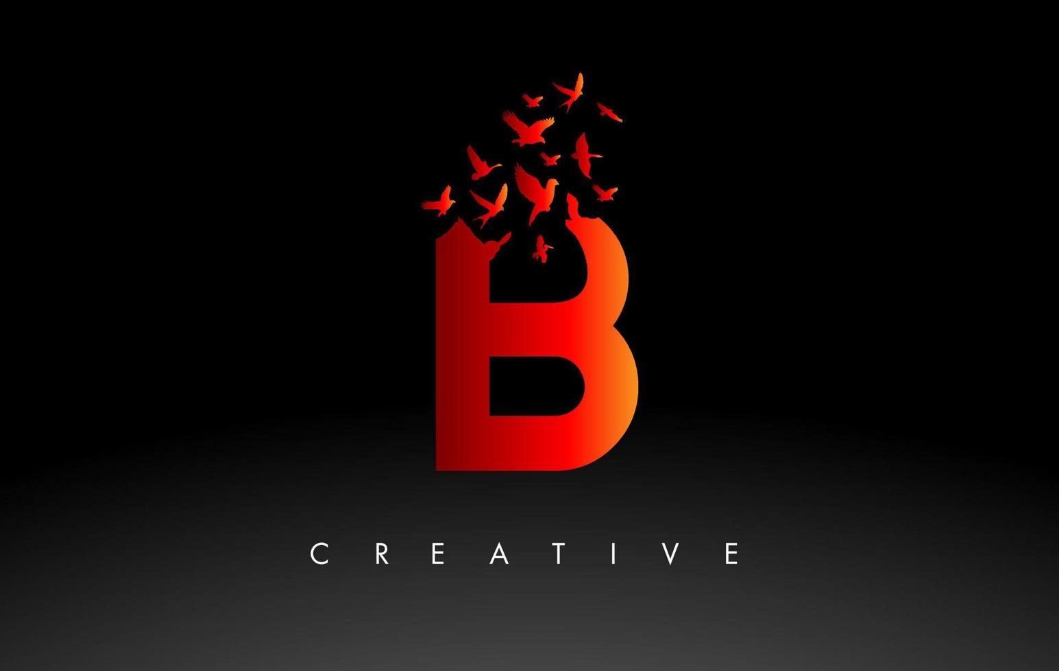 letra del logotipo b rojo con bandada de pájaros volando y desintegrándose de la letra. vector