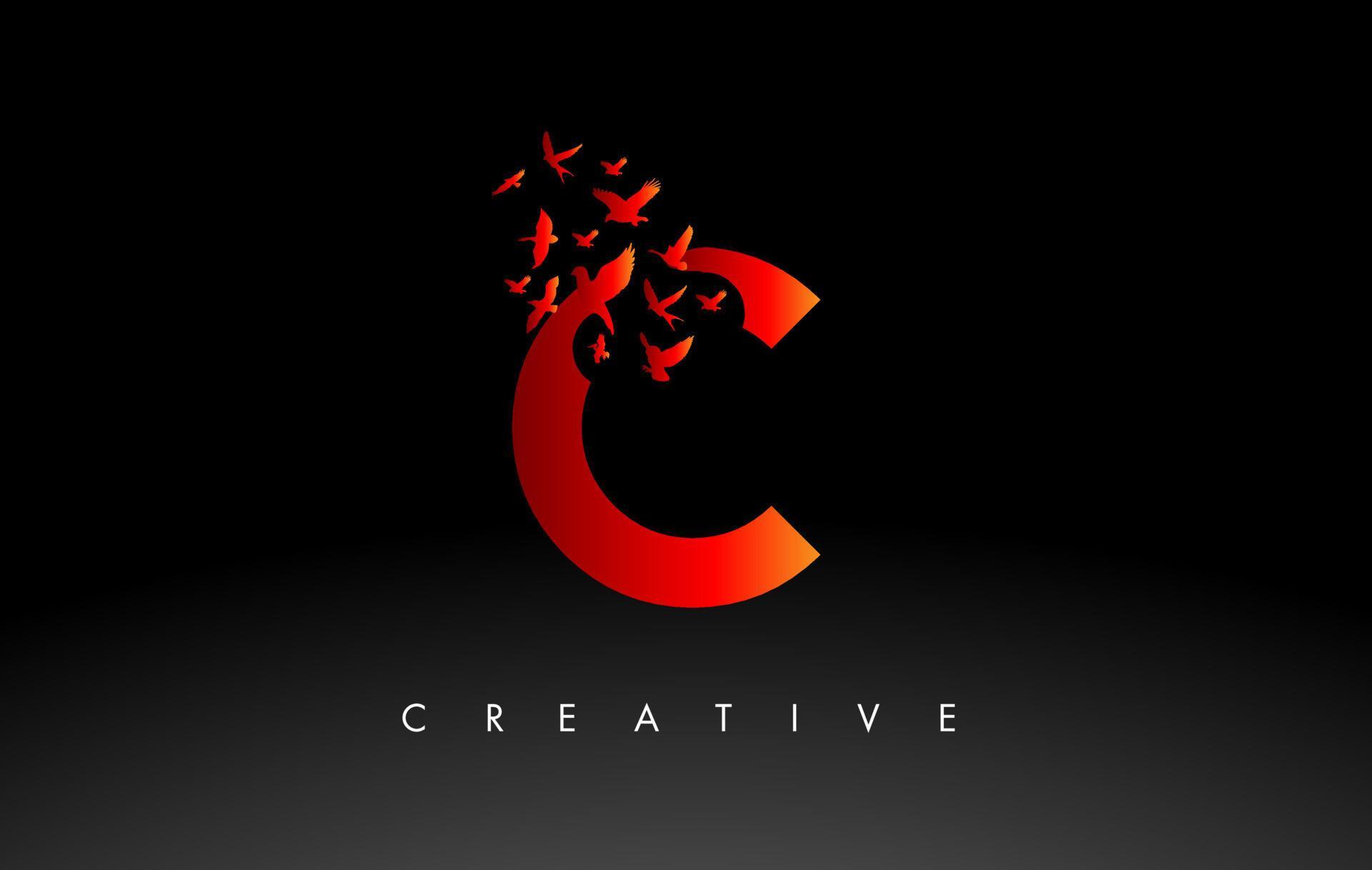 Red C Logo Letter With Flock Of Birds Flying And Disintegrating From red-c-logo-letter-with-flock-of-birds-flying-and-disintegrating-from