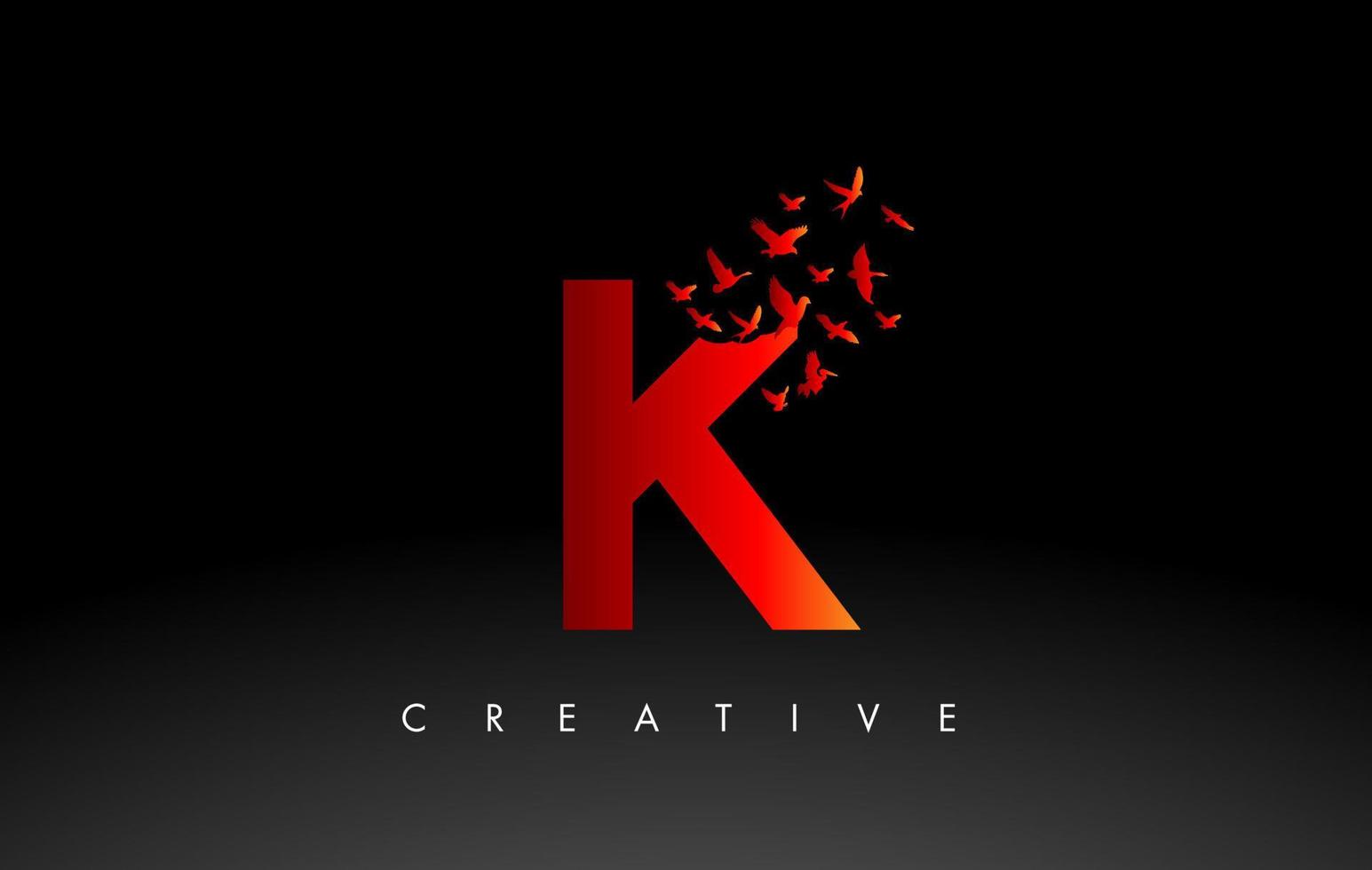 Red K Logo Letter with Flock of Birds Flying and Disintegrating from the Letter. vector