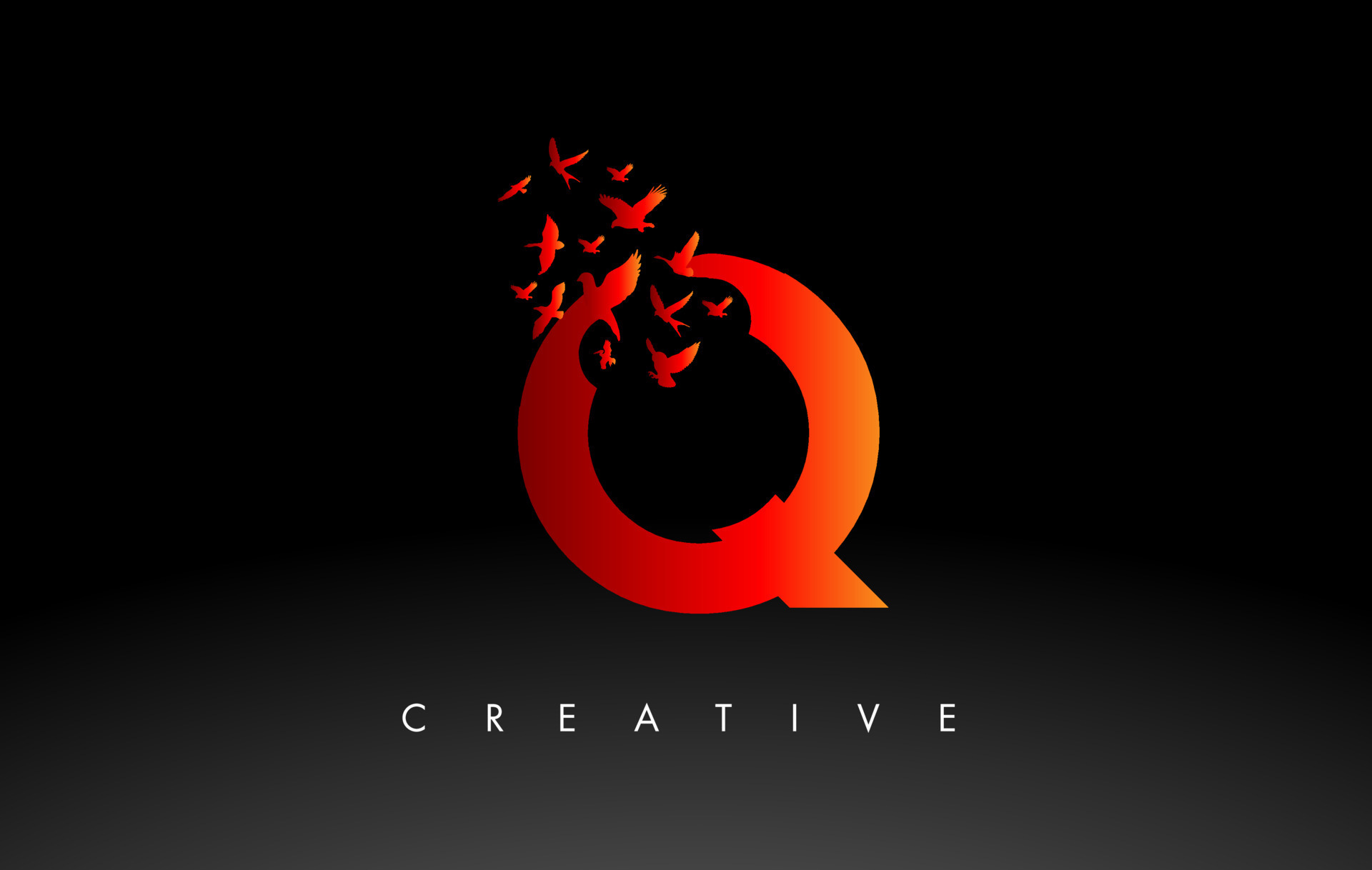 Red Q Logo Letter With Flock Of Birds Flying And Disintegrating From red-q-logo-letter-with-flock-of-birds-flying-and-disintegrating-from