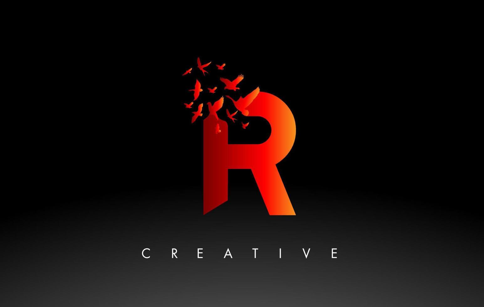 Red R Logo Letter With Flock Of Birds Flying And Disintegrating From red-r-logo-letter-with-flock-of-birds-flying-and-disintegrating-from