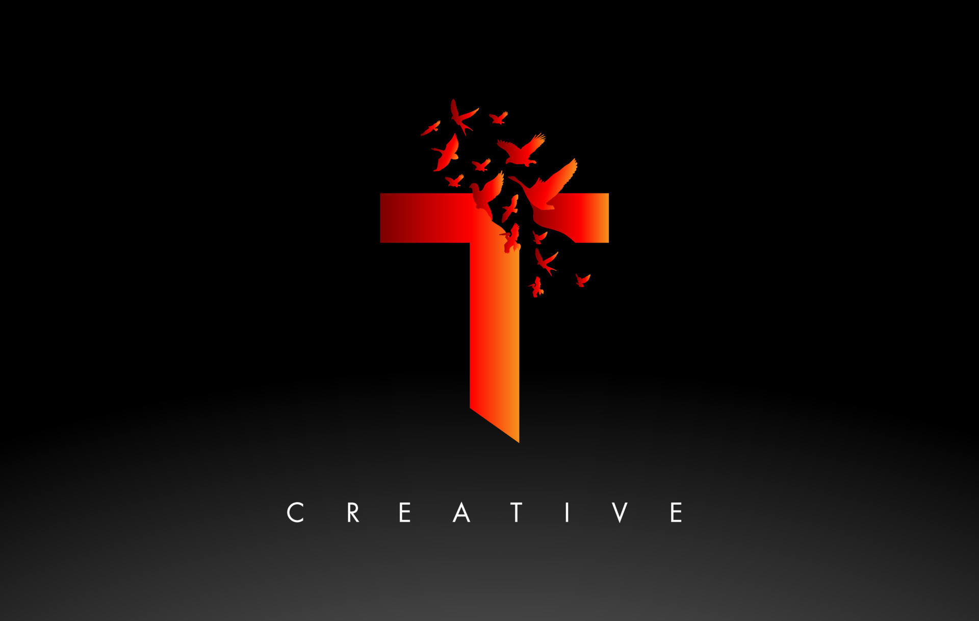 Red T Logo Letter with Flock of Birds Flying and Disintegrating from