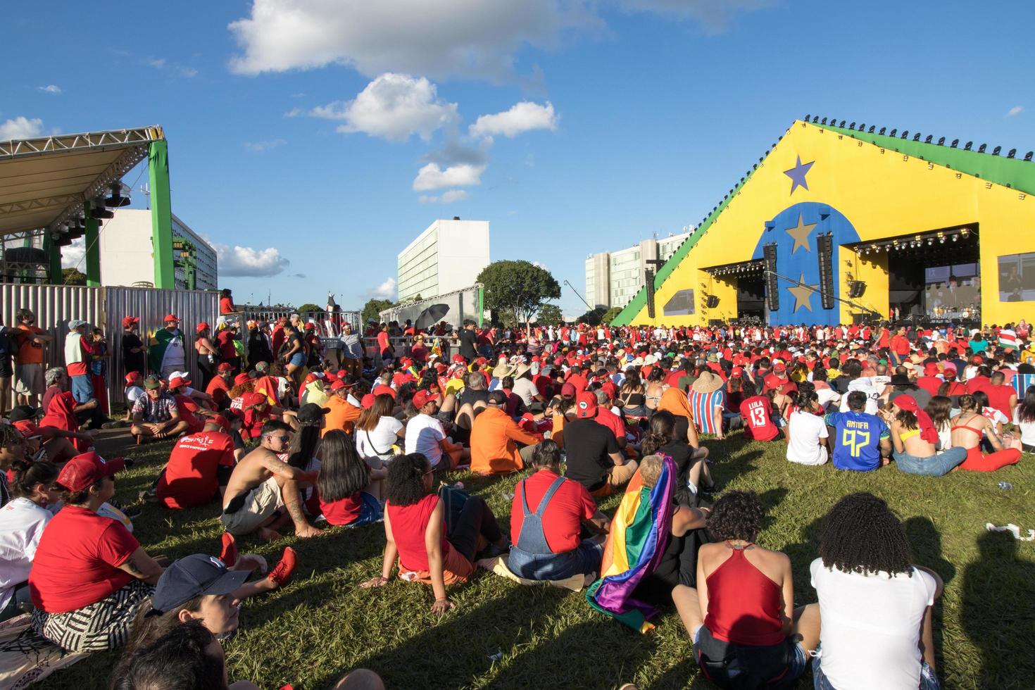 Brasilia, DF, Brazil Jan 1 2023 Lula supporters gathering in front of the National Congress showing support for President Lula photo