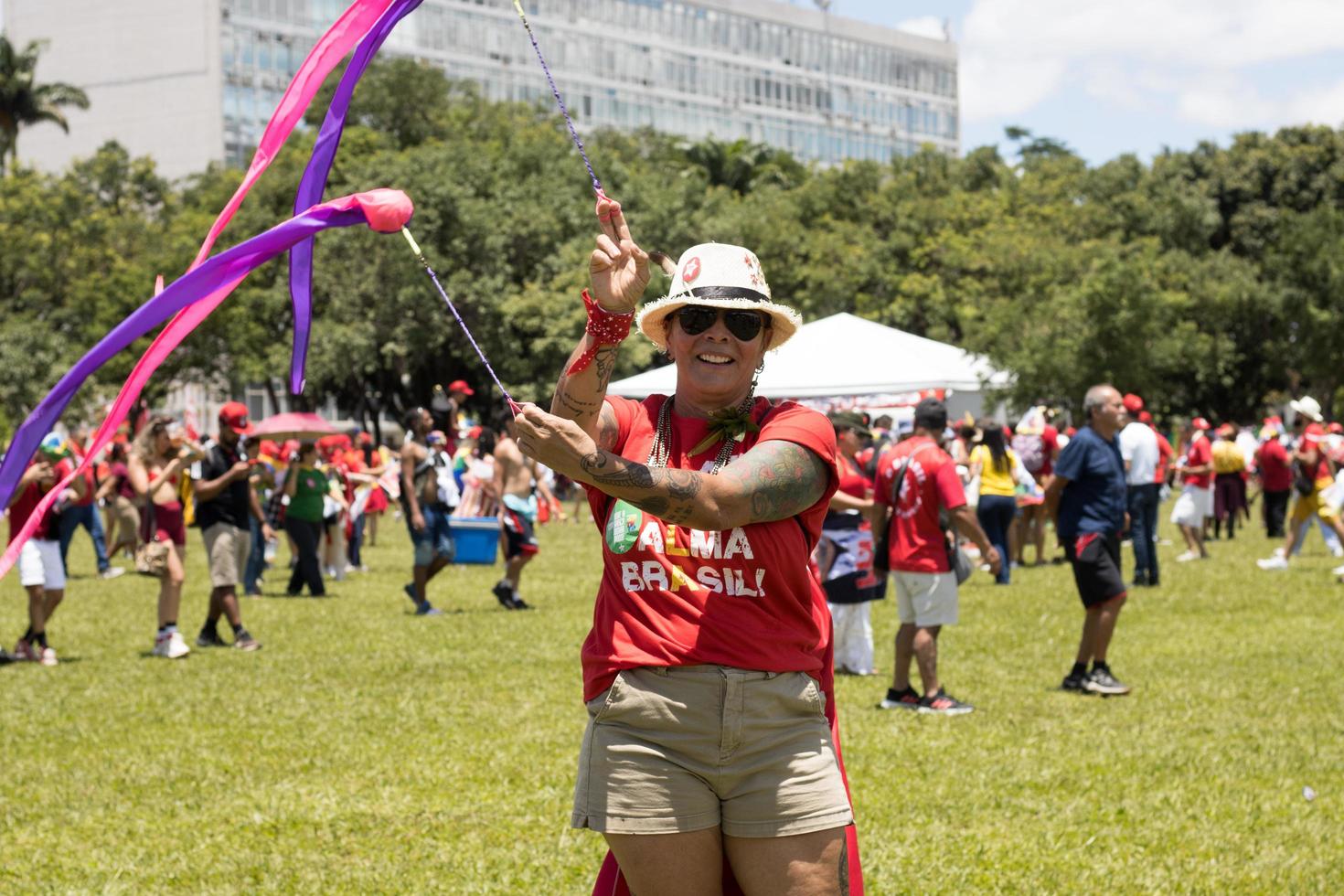 Brasilia, Brazil Jan 1 2023 Woman near the National Congress show her support for President Lula photo