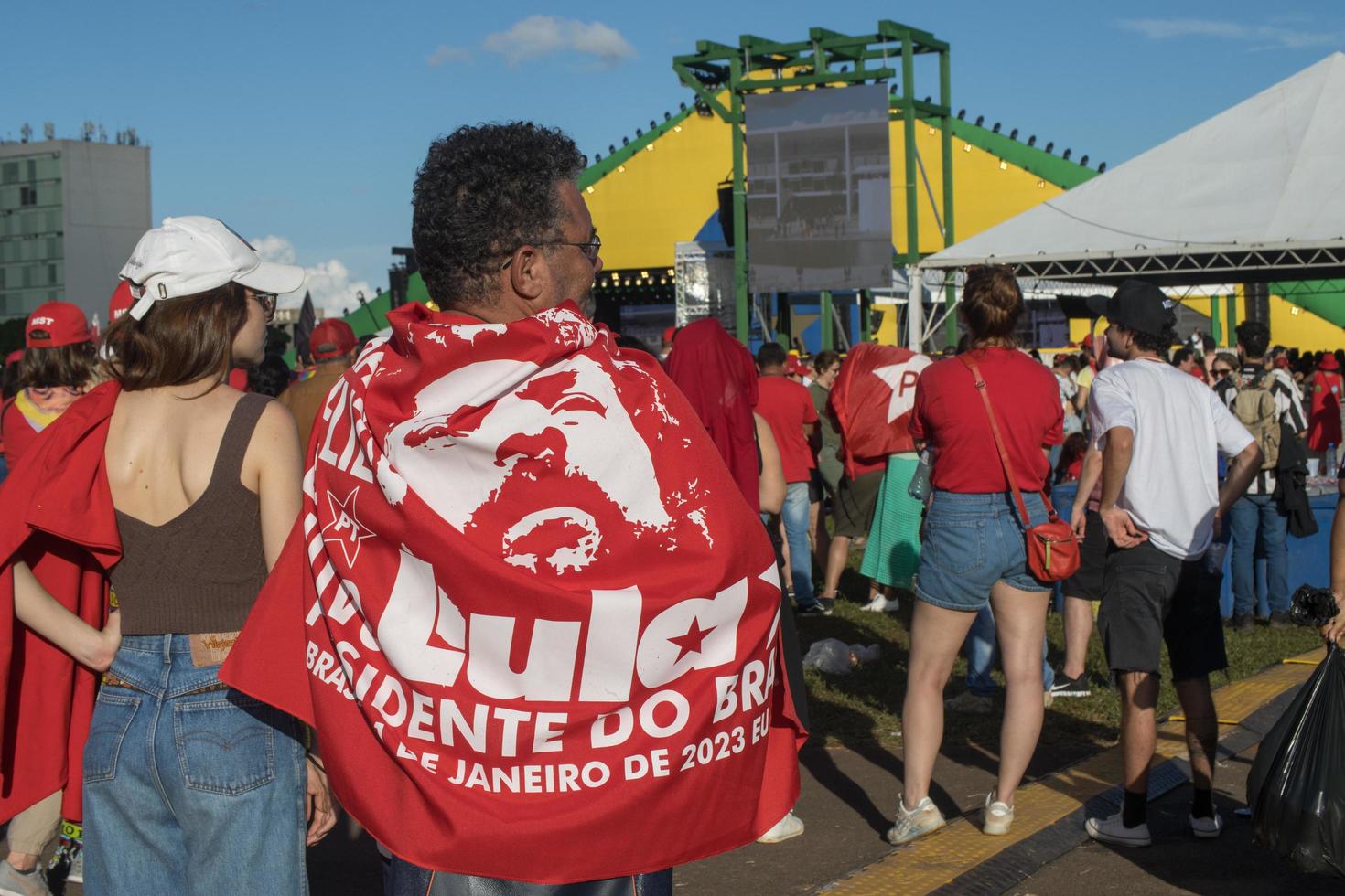 Brasilia, DF, Brazil Jan 1 2023 Lula supporters gathering in front of the National Congress showing support for President Lula photo