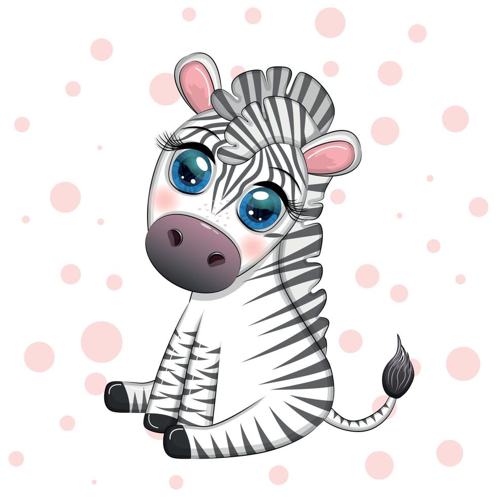 Cute cartoon zebra is sitting and waving its tail. Children's character vector