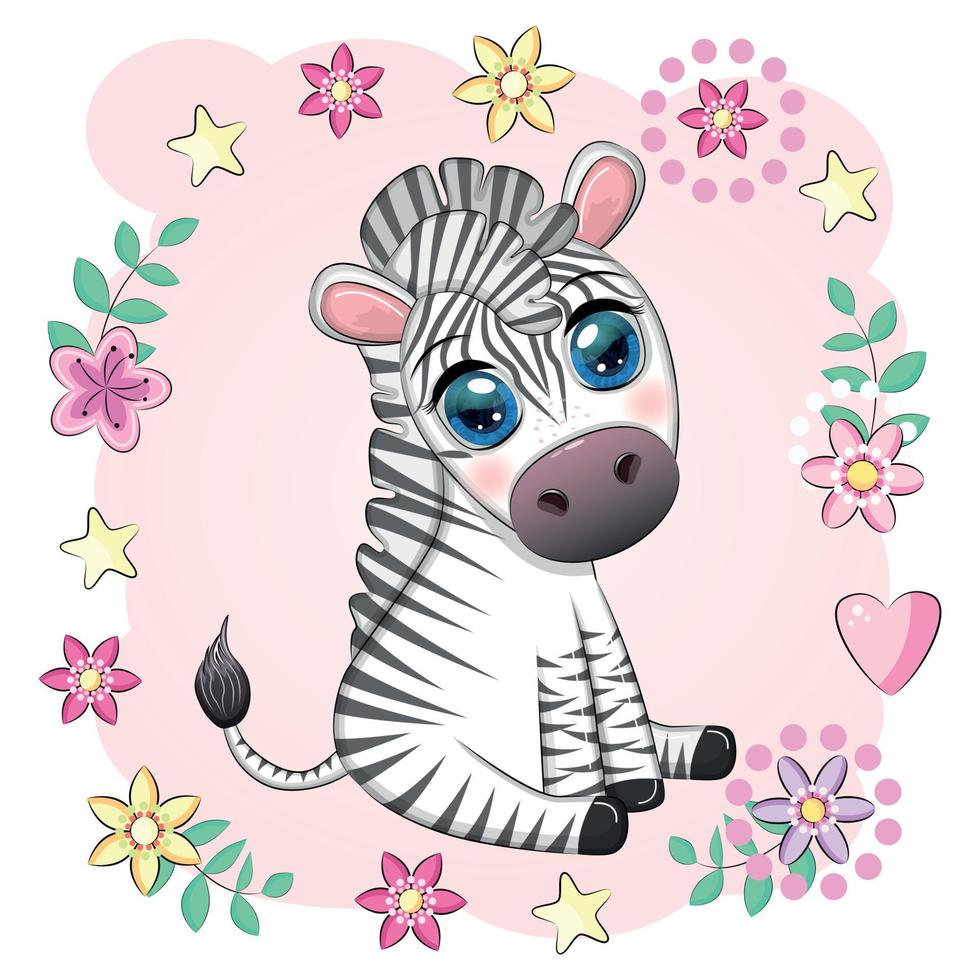 Cute cartoon zebra sits in flowers. Childish striped character, African animals vector