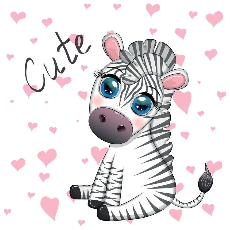 Cute cartoon zebra is sitting and waving its tail. Children's character vector