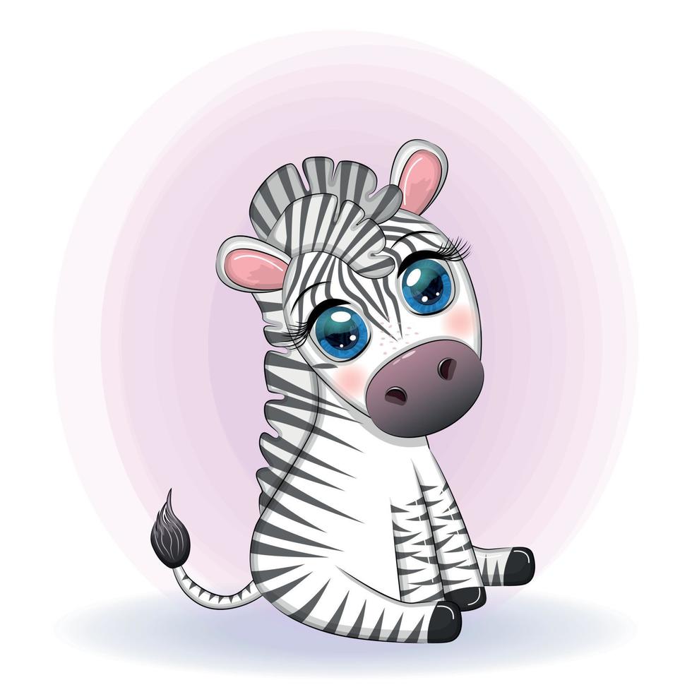 Cute cartoon zebra is sitting and waving its tail. Children's character vector