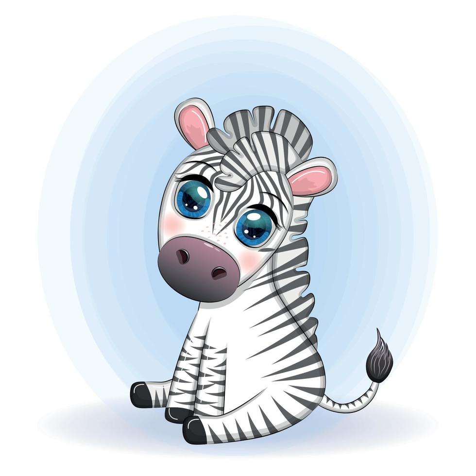 Cute cartoon zebra is sitting and waving its tail. Children's character vector