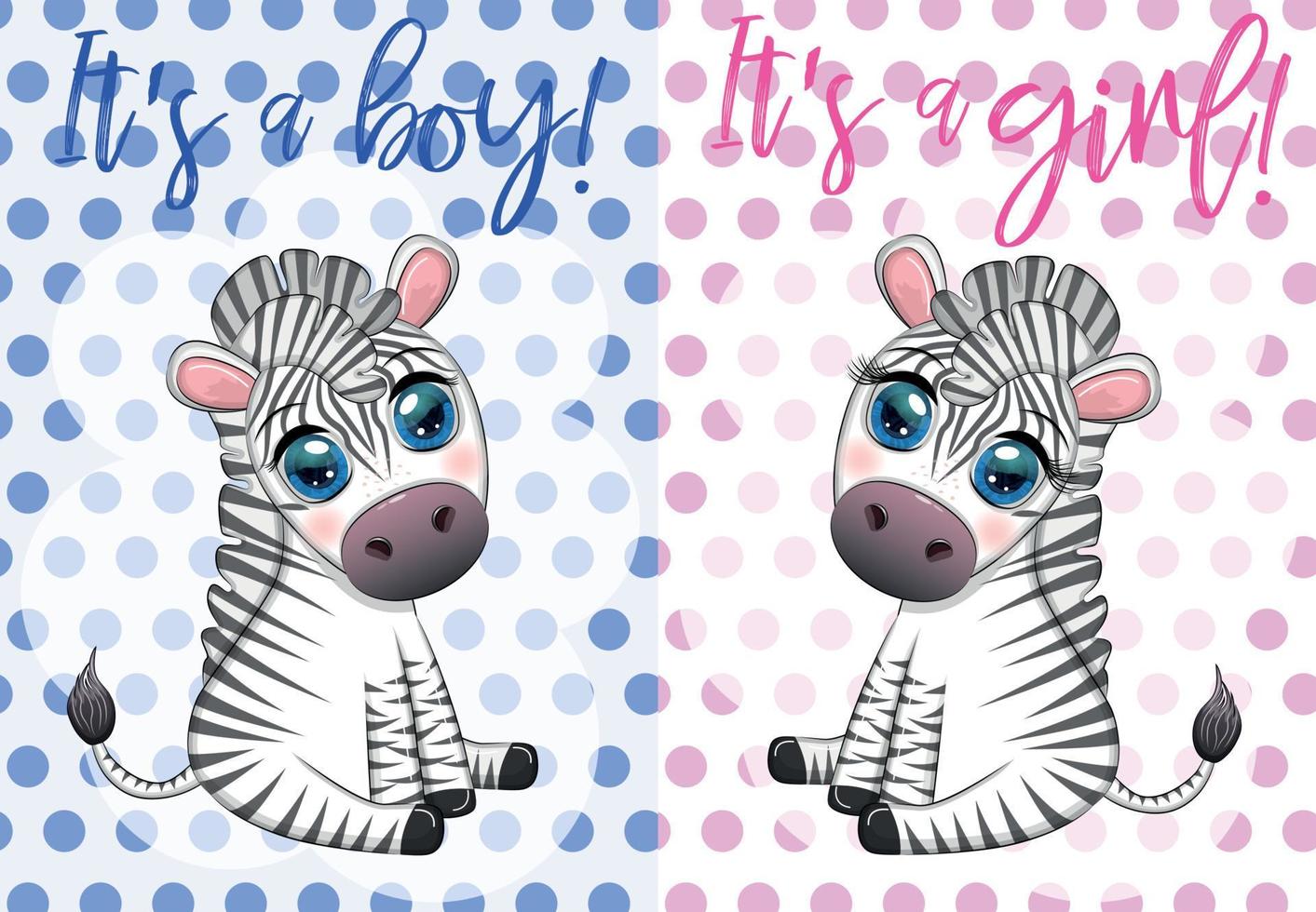 Card It's a boy, It's a girl with a cute cartoon zebra sitting. Children's holiday of the newborn, baby shower vector