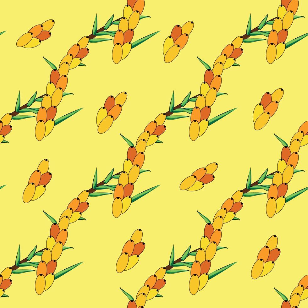 Sea buckthorn seamless pattern. Twigs with berries and leaves. Template with orange fresh berries for wallpaper vector