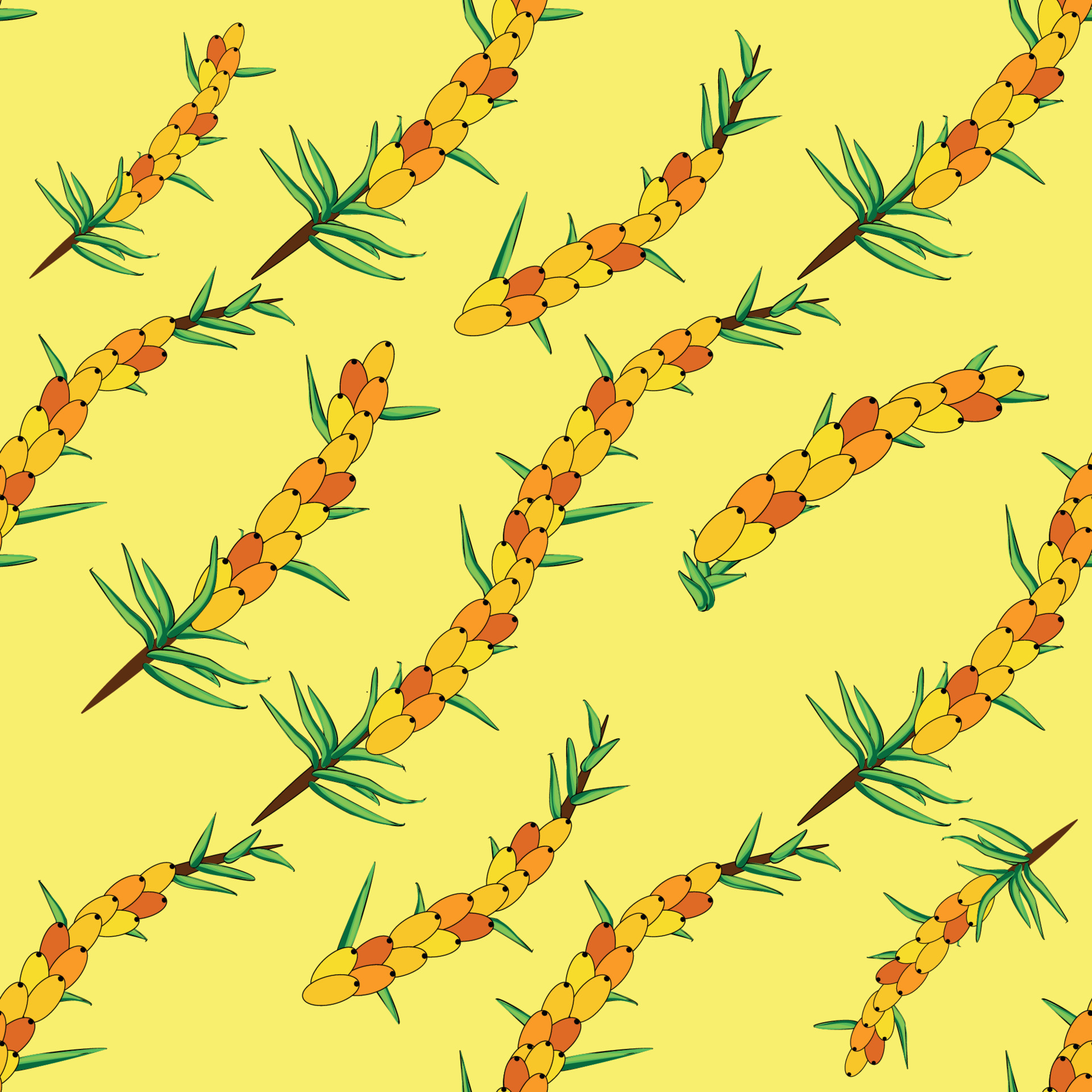 Sea buckthorn seamless pattern. Twigs with berries and leaves. Template