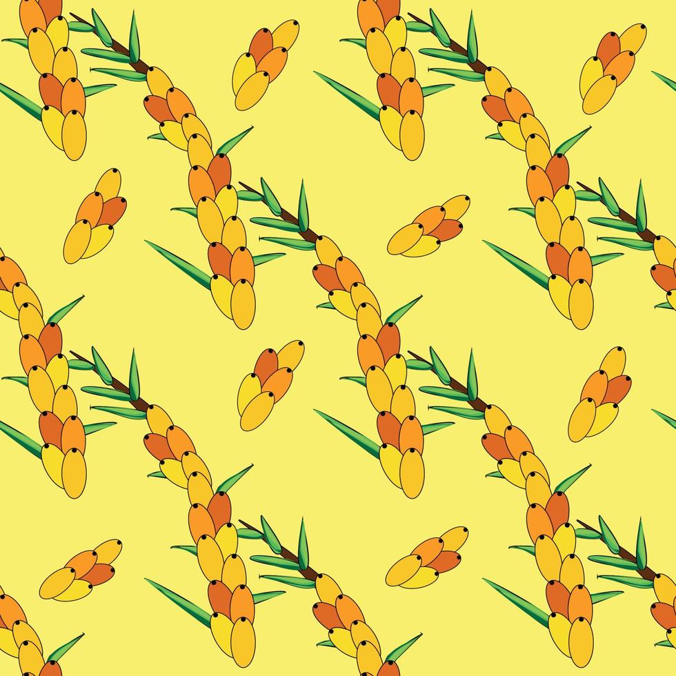 Sea buckthorn seamless pattern. Twigs with berries and leaves. Template with orange fresh berries for wallpaper vector