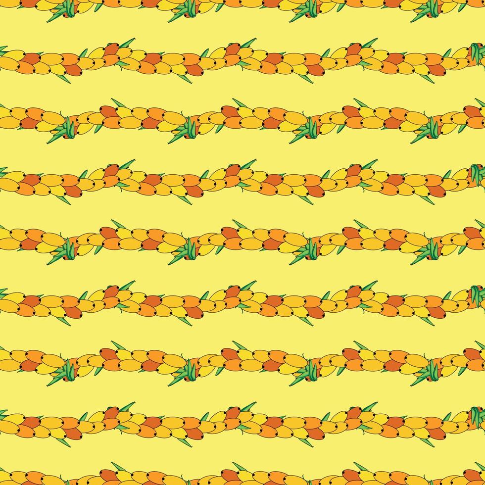 Sea buckthorn seamless pattern. Twigs with berries and leaves. Template with orange fresh berries for wallpaper vector
