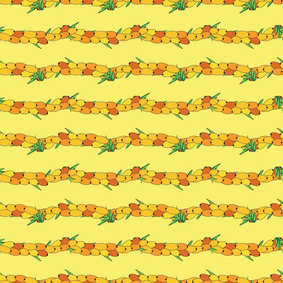 Sea buckthorn seamless pattern. Twigs with berries and leaves. Template with orange fresh berries for wallpaper vector