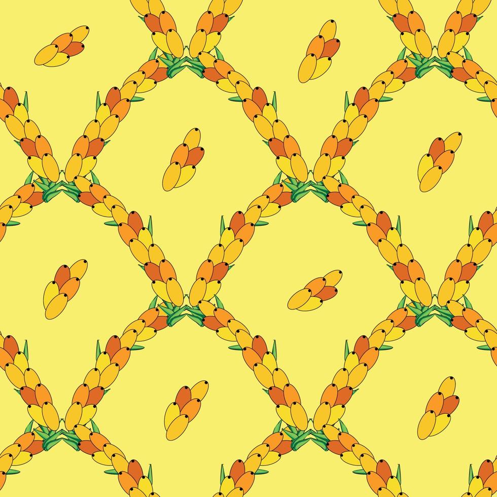 Sea buckthorn seamless pattern. Twigs with berries and leaves. Template with orange fresh berries for wallpaper vector