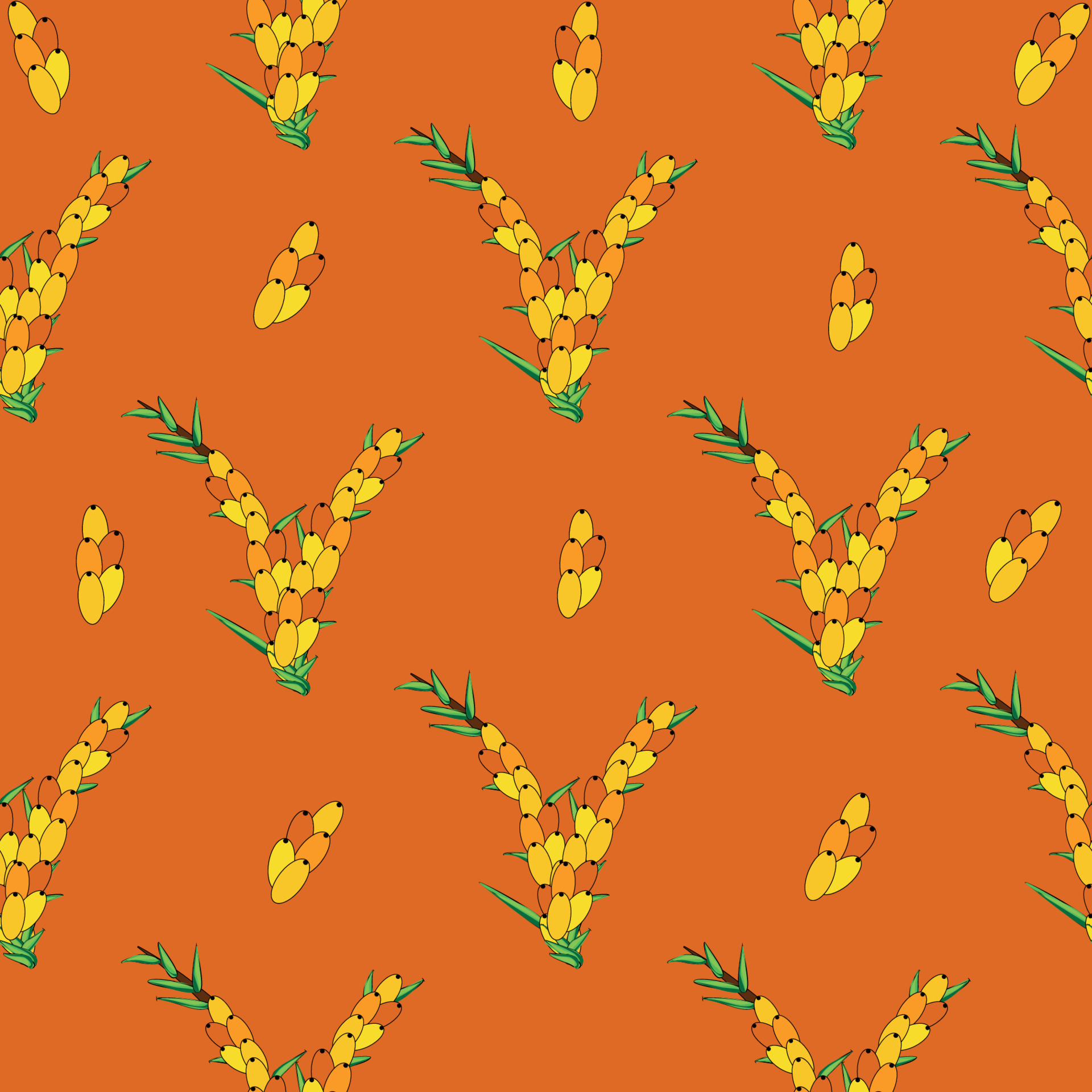 Sea buckthorn seamless pattern. Twigs with berries and leaves. Template