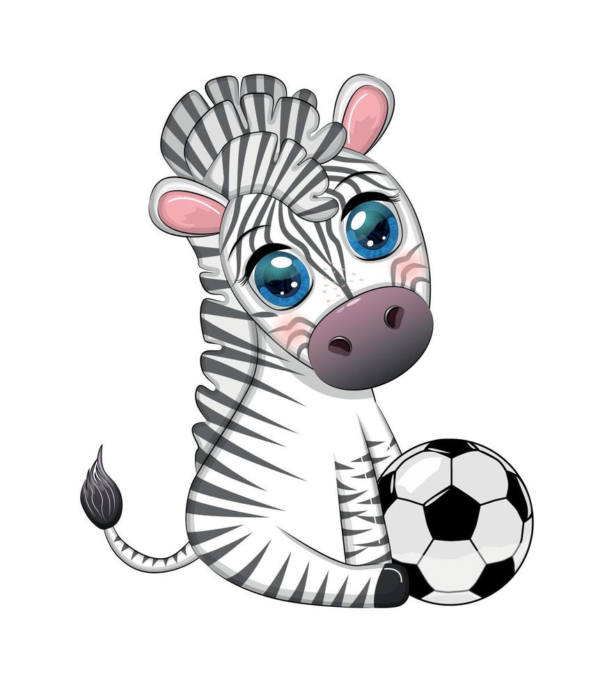 linda cebra con una pelota de fútbol. personaje de dibujos animados, deporte de verano vector