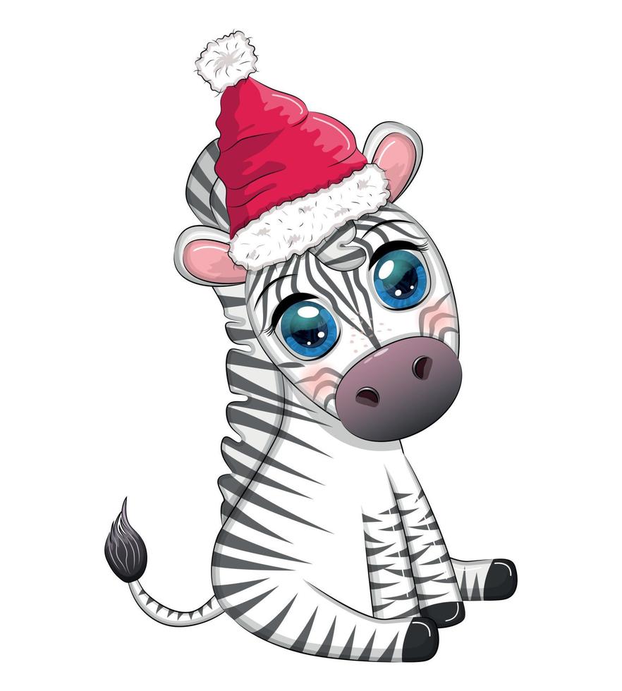 Cute zebra in santa hat with christmas ball, candy kane, gift. Wildlife holidays cartoon character. vector