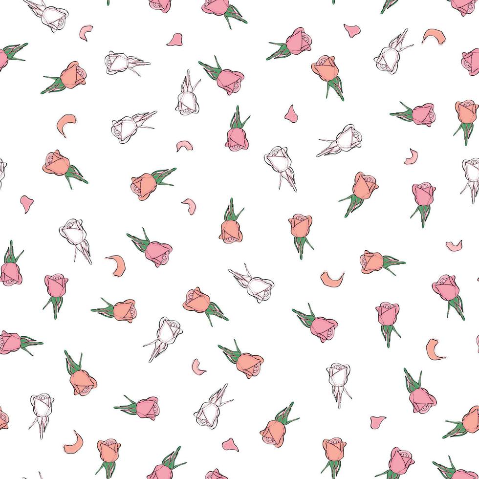 capullos de rosa de patrones sin fisuras. confeti, cosméticos, hermoso fondo floral de boda vector