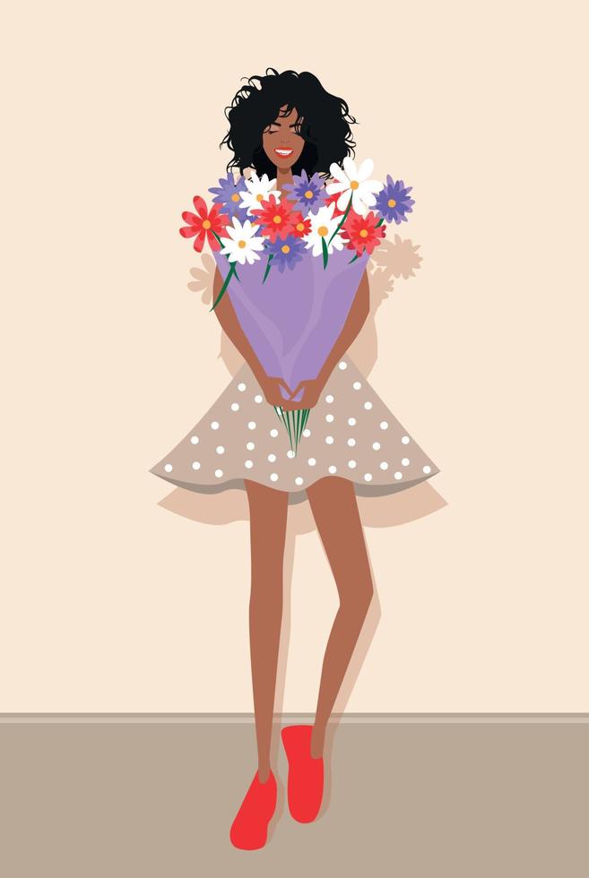 Beautiful young girl with a bouquet of flowers, you can use as a congratulation or postcard vector