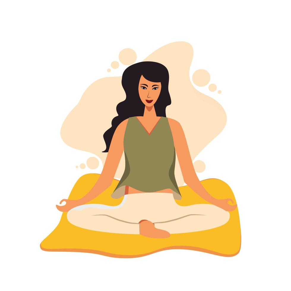 Beautiful bright tanned girl in a white suit meditates and practices yoga on a yellow rug vector