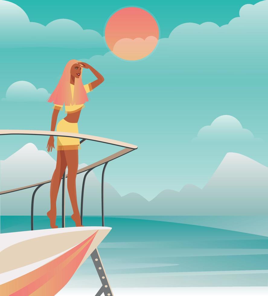 ilustración digital de una chica en verano de vacaciones en un yate mira el paisaje océano mar montañas vector