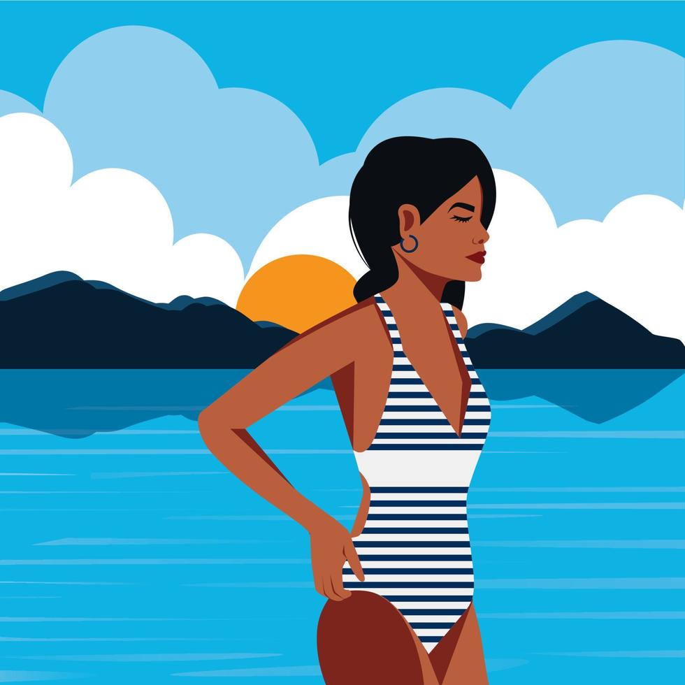 Digital flat illustration of a girl in the summer on vacation bathes and sunbathes in the ocean and is engaged in swimming vector