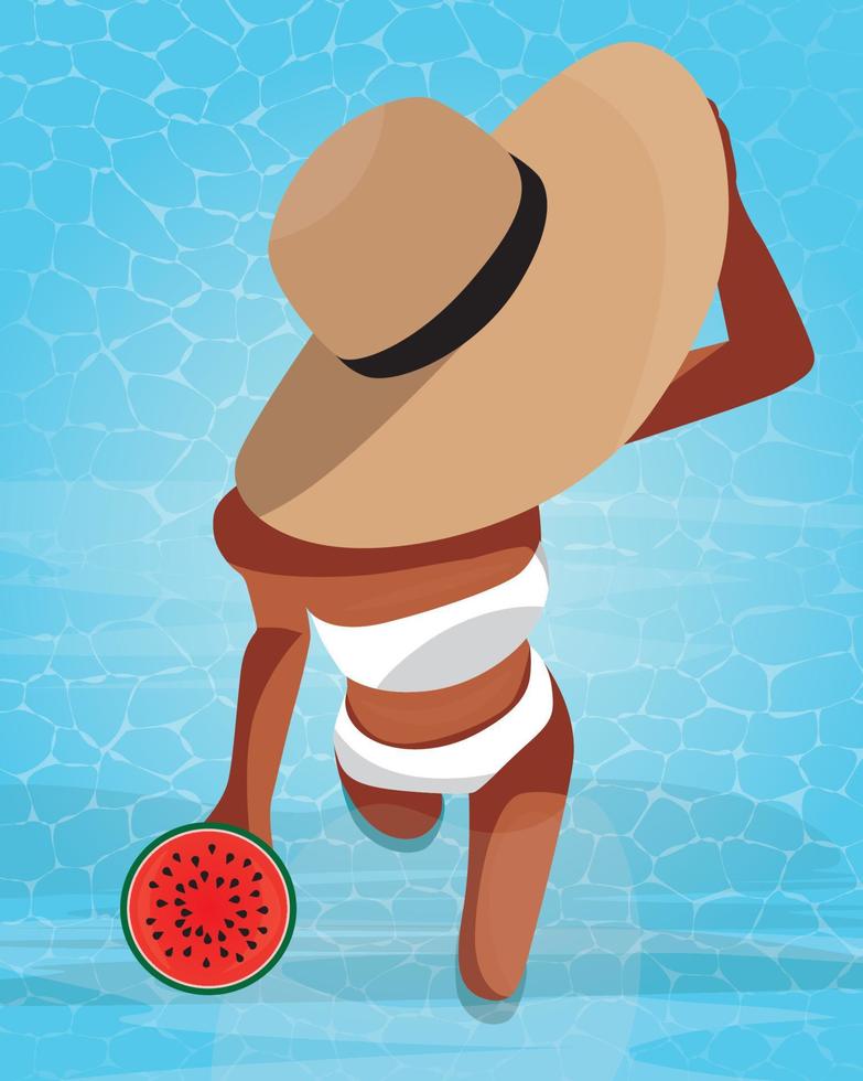 ilustración digital de una chica en bikini blanco y un gran sombrero en verano de vacaciones nadando y tomando el sol en la piscina comiendo una sandía fresca y fría vector