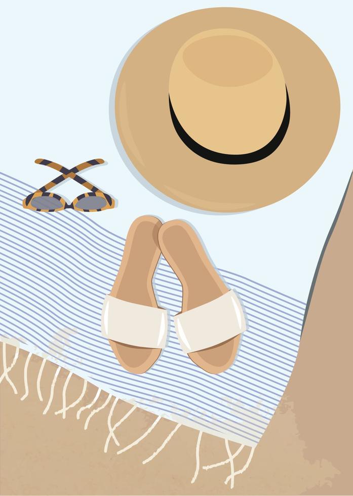 Digital illustration of summer accessories for a beach hat, glasses, flip-flops, towel plaid on the sand vector