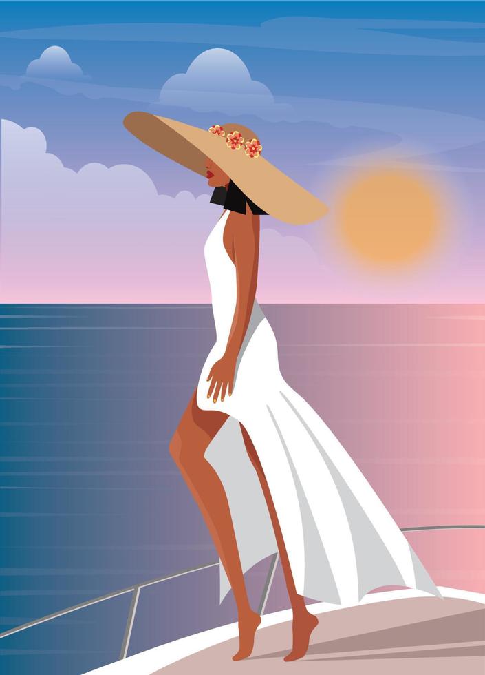 ilustración digital de una turista de vacaciones de verano con un vestido y un sombrero en un yate que se encuentra con una puesta de sol tropical en el océano vector