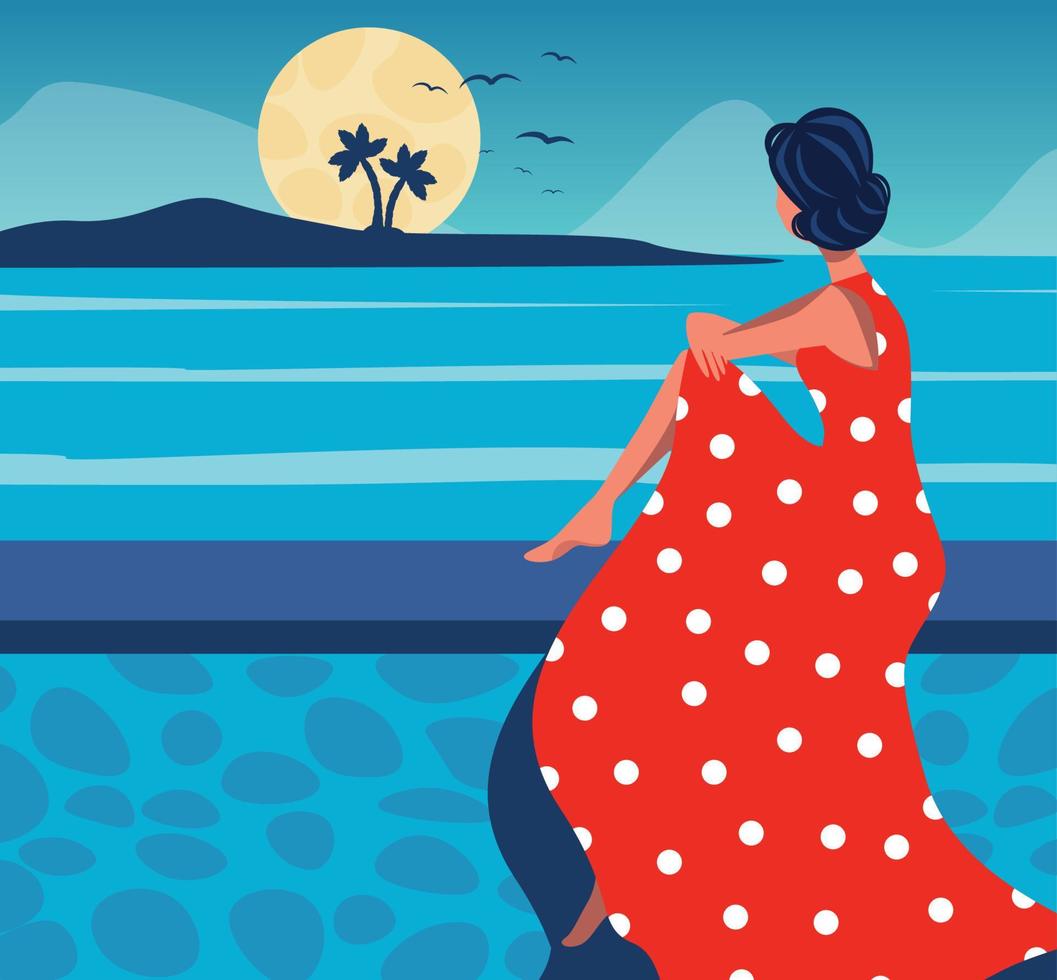 Vector illustration character girl on vacation in a red dress looks at the sunset and the ocean