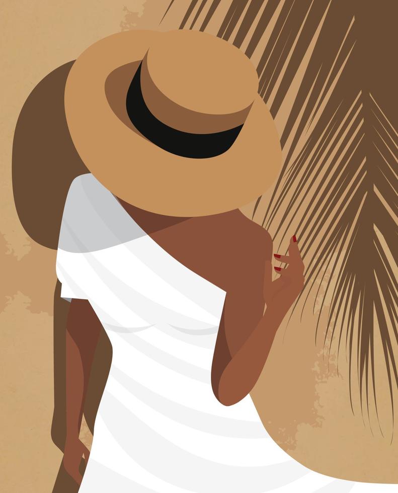 ilustración digital de una chica de vacaciones con un sombrero posando para una foto en el fondo de una palmera vector