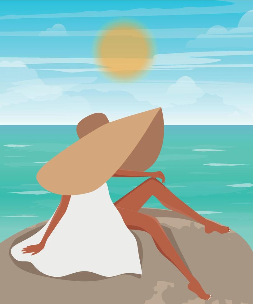ilustración digital de una chica de vacaciones admira el océano mientras se sienta en una piedra con un gran sombrero de ala ancha vector