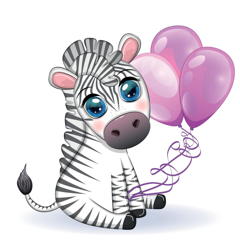 Cute cartoon zebra is sitting and holding balloons. Children's striped character, holiday vector