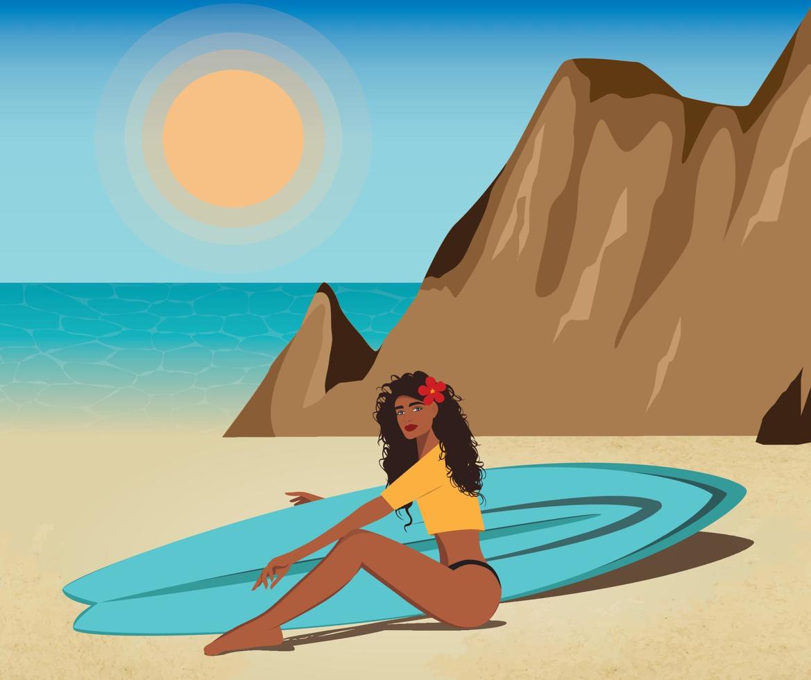 ilustración digital de una hermosa surfista con una tabla de surf sentada en la playa esperando que las olas naden posando para una foto contra el fondo de las montañas y el océano vector