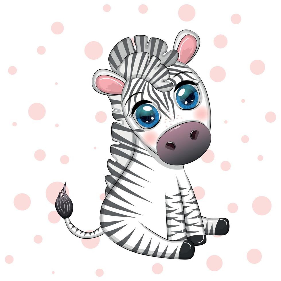 Cute cartoon zebra is sitting and waving its tail. Children's character vector