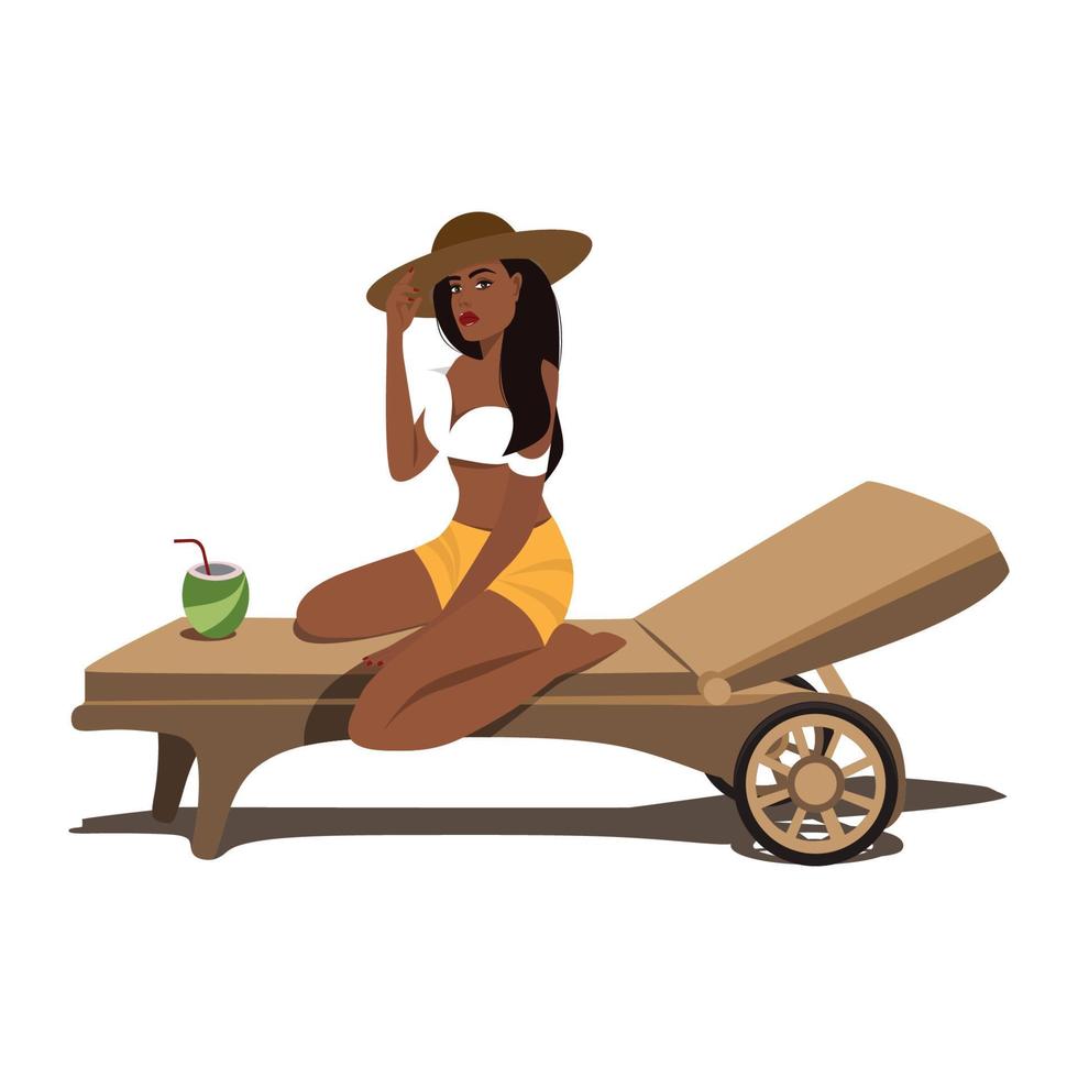 ilustración digital de una chica con sombrero en vacaciones de verano sentada en una tumbona vector