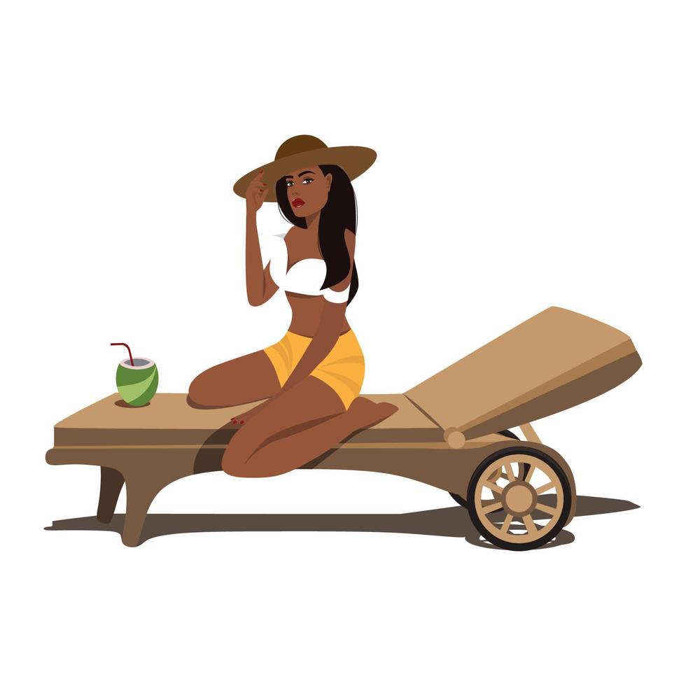 Digital illustration of a girl in a hat on a summer vacation sits on a deck chair vector