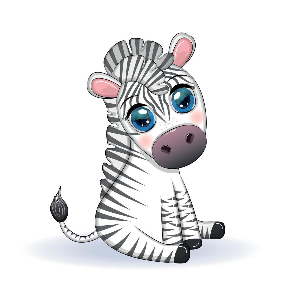 Cute cartoon zebra is sitting and waving its tail. Children's character vector