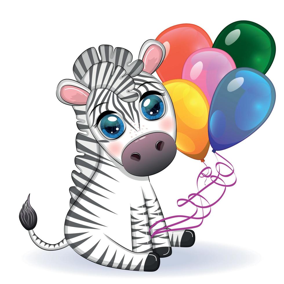 Cute cartoon zebra is sitting and holding balloons. Children's striped character, holiday vector