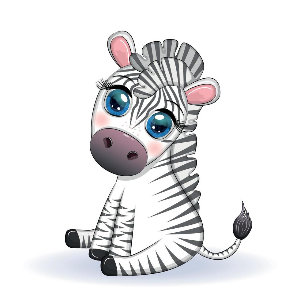 Cute cartoon zebra is sitting and waving its tail. Children's character vector